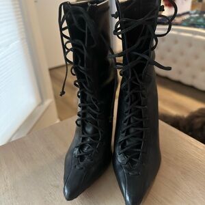 SCHUTZ Victorian-Style Black Leather Lace-Up Pointed Boots